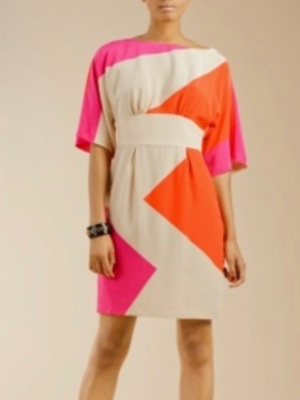 Trina Turk Silk Cream Mini Dress with Pink and Orange Colorblock